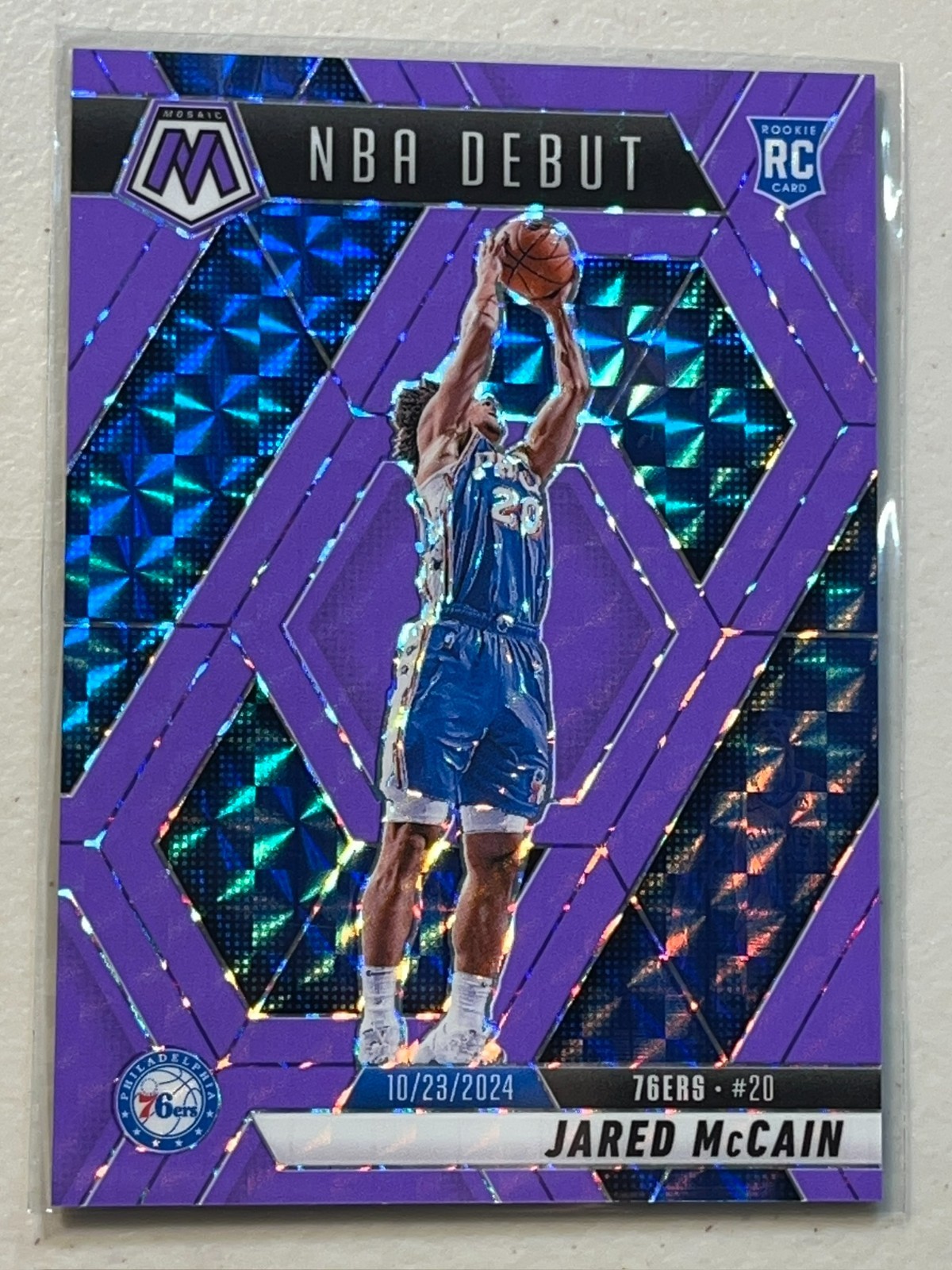 Jared McCain 2024-25 Panini Mosaic /249 Purple Flourescent Prizm Debut RC Rookie