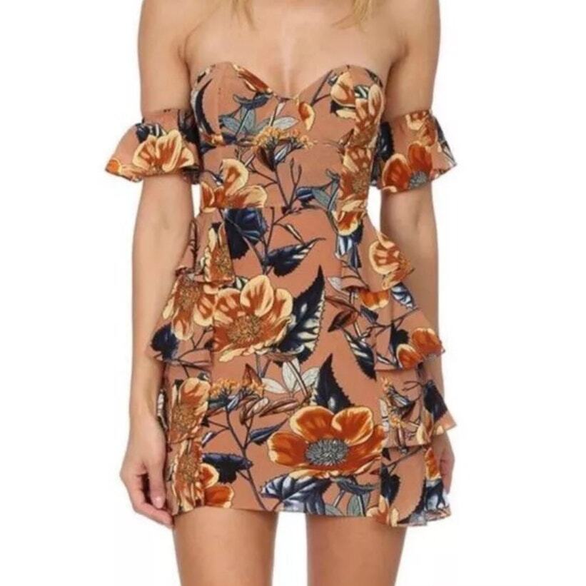 Mini Vestido Flamenco Floral Mezcla Seda For Love And Lemons Tostado Multicolor Talla S