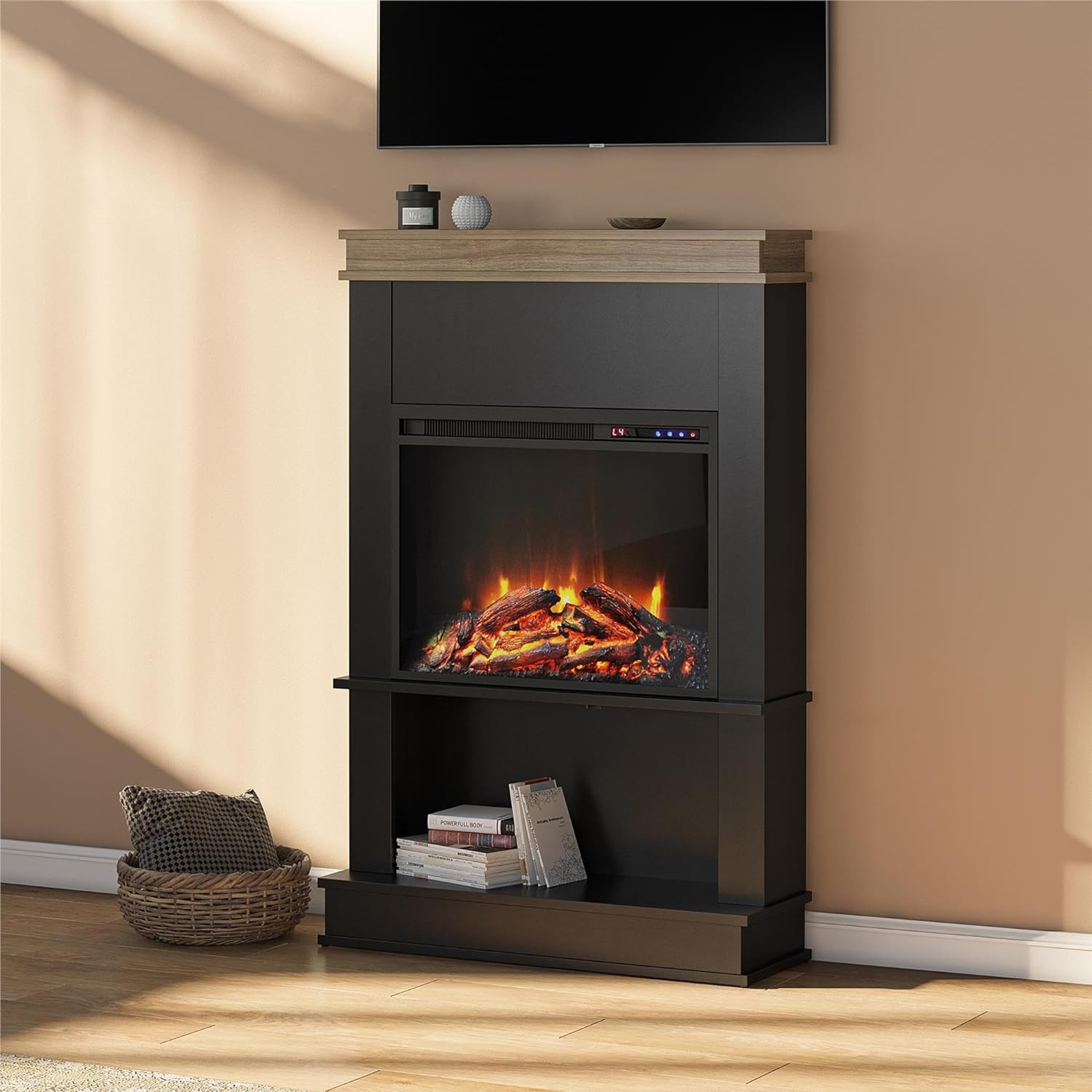 Mateo 30 Inch Electric Fireplace with Mantel and Shelf, Replaceable Fireplace In