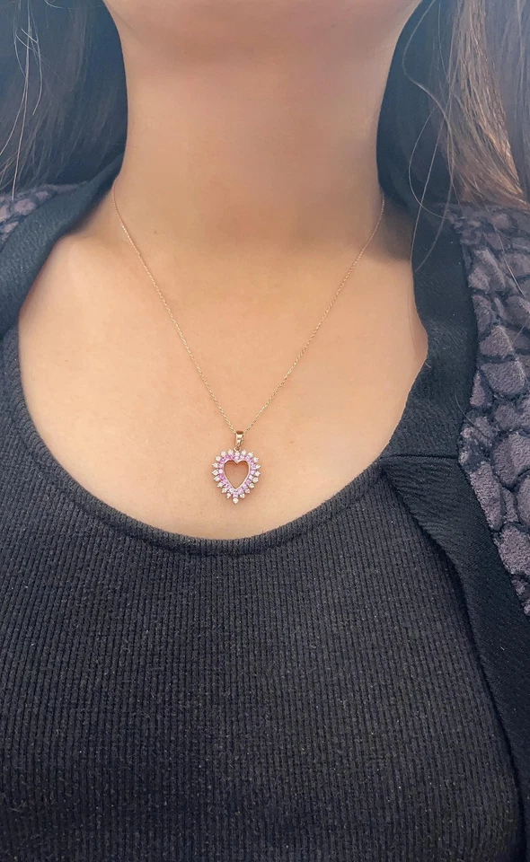 10K Rose Gold, Diamond & 2/5 Cttw Pink Sapphire Open Heart Halo Pendant Necklace - Image 2 of 4