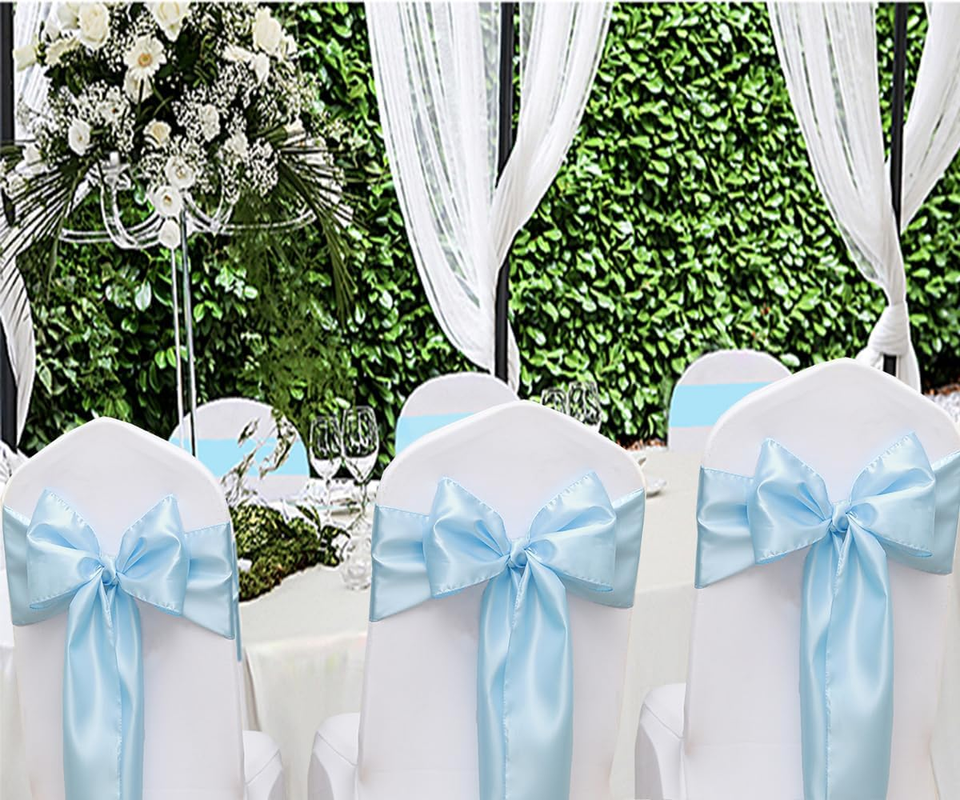 50 Pack Satin Baby Blue Chair Sashes for Wedding Party Birthday Baby