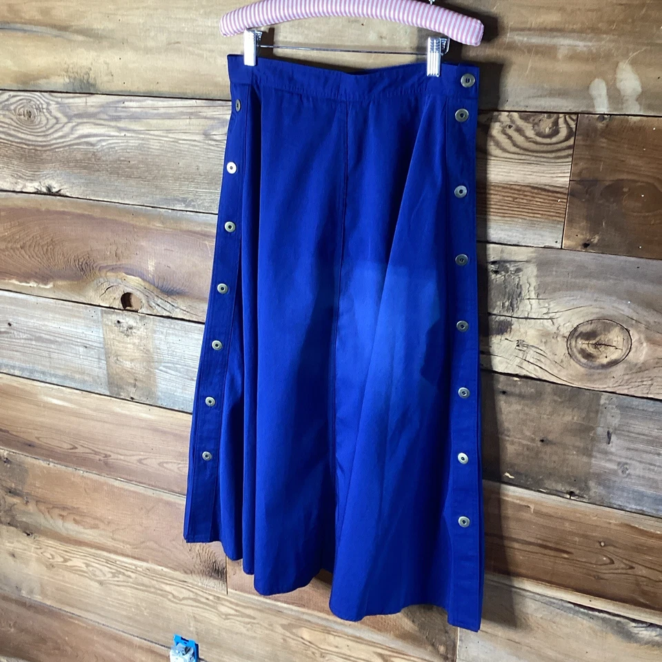 Falda MIDI Vintage Azul Mezcla Algodón Línea A Latón Botones Laterales Campos Elección 14 Foto 3 de 4