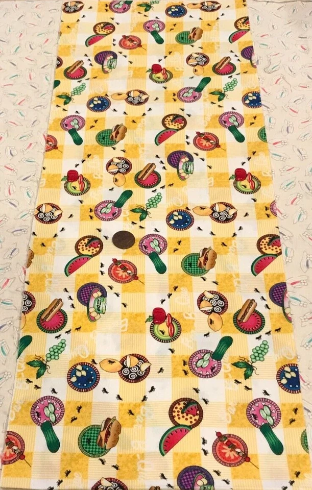 Picnic*Plates*Food & Ants*Yellow &White Checkered Cloth*Avlyn*100% Cotton*21"x8" - Image 2 of 4