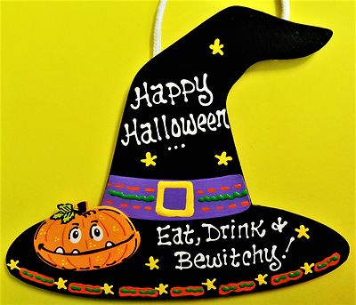 HAPPY HALLOWEEN Bewitchy WITCH HAT Sign Pumpkin Plaque Decor Wall Art ...