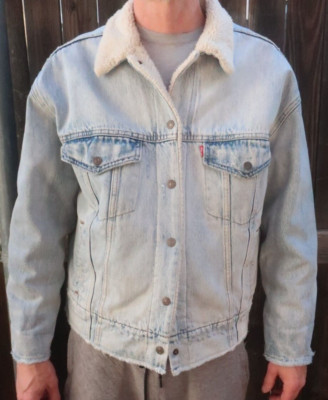 Levis Sherpa Lined Trucker Jacket Light Acid Wash Mens Medium Retro EUC