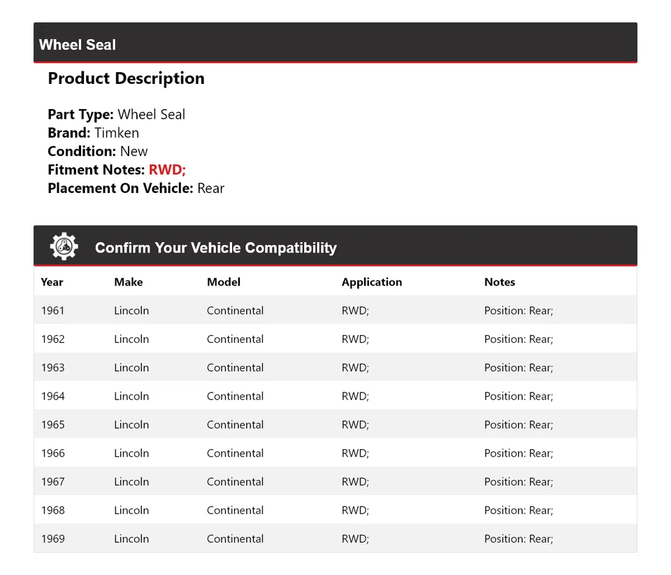 Sello de rueda trasero para Lincoln Continental 1961-1969 tracción trasera Timken 1962 1963 1964 1965 Foto 2 de 4