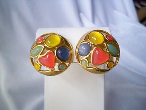 Authentic Vintage Trifari "Fruit Salad" Multicolor Jelly Lucite Gold Plated Clip Earrings