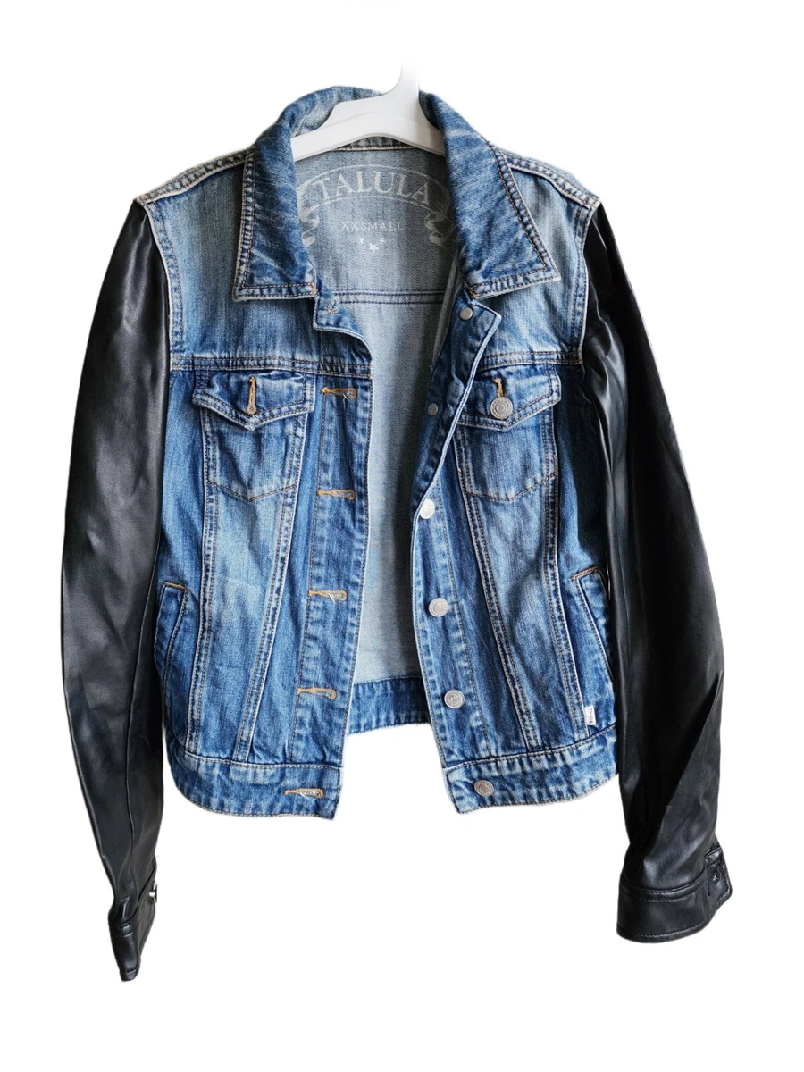 Blue jean jacket top with leather sleeves