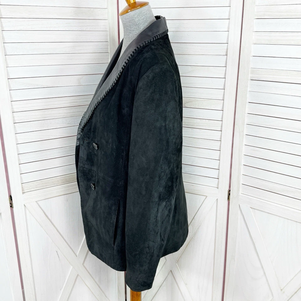 Terry Lewis Vintage Suede Jacket Womens Size Medium Black Blazer Leather Collar - Image 3 of 4