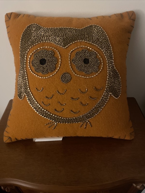 Beaded Owl Pillow In Deep Orange- Square