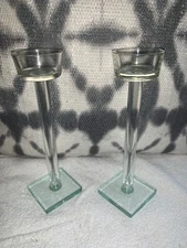 Vtg. Set/2 Crystal Glass Candle Stick/ Tea light Holder 8”x 2.5”