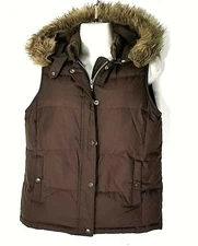 GAP Women's Brown Down Puffer Vest XS Extra Small 2 4 Sleeveless Hooded Jacket