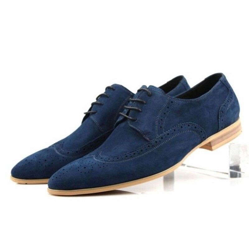 Handmade Men's Genuine Blue Suede Oxford Brogue Wingtip Lace Up