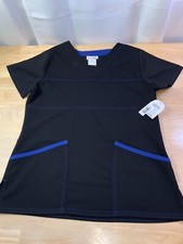 New Women  s Scrub Star Scrub Top in Black with Royal Blue Trim 