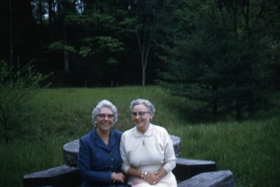 Kodak Slide 1950s Red Border Kodachrome Old Ladies Seniors at Picnic Table
