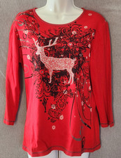 Women's Christmas Reindeer Red Long Sleeve Shirt Holliday Bling Size XL Cotton