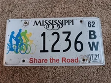 Mississippi License Plate - Share the Road Bicycle Biking - 1236 BW - 2021