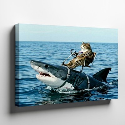 Funny Cat Riding Shark Canvas Wall Art Ocean Animal Adventure Print for Decor