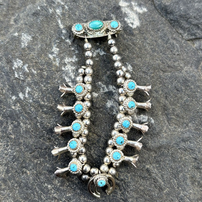 Vtg Navajo Turquoise & Sterling Silver Miniature Squash Blossom Brooch Pin RARE