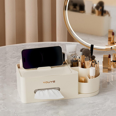 Multifunctional Organizer Rotating Brush Holder Makeup Organizer with Tissue Box