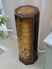 Chinese Octagonal Chinoiserie painted flower and bird jewelry armoire 8 drawers