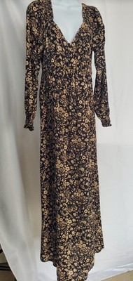 Sonoma Maternity Maxi Dress Small Black Beige Floral Boho Long Sleeve Rayon