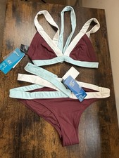 BNWT H&M Burgundy Contrast Trim Bikini Set UK14 Top UK16 Bottoms Swimwear