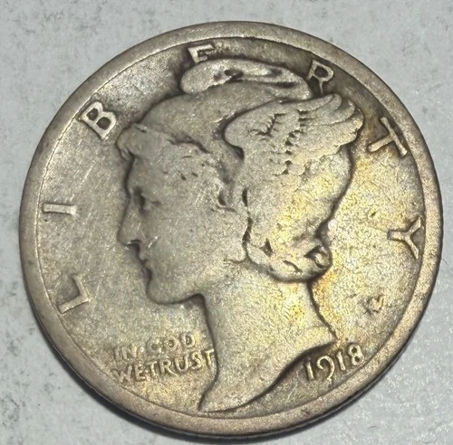 1918-P Mercury Dime 90% Silver, Free Shipping
