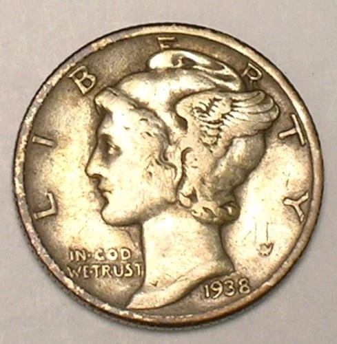 1938 Mercury Winged Head Dime 10 Cents Silver Coin VF