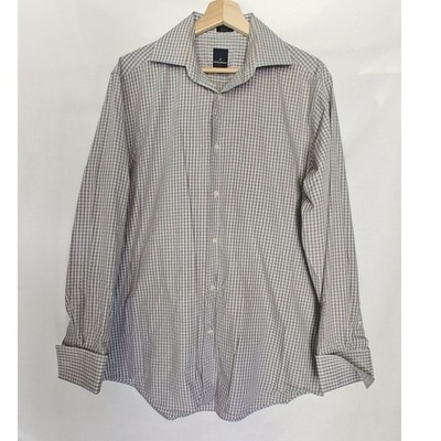 Daniel Hechter Paris Shirt Button Front French Cuff Blue Tan Gingham Check 16