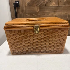 Wilson Faux Basket Weave Wil-Hold Plastic Hinged Sewing Basket Box Trays Vintage
