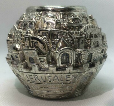 KARSHI 925 Silver Plated Jerusalem Holy Land Candle Sticks Jewish Decor Hebrew  