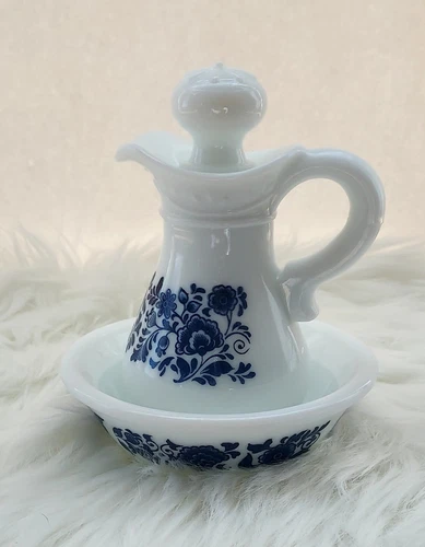 Vintage Milk Glass Delft Bath Oil Pitcher And Bowl. Avon Set -B36