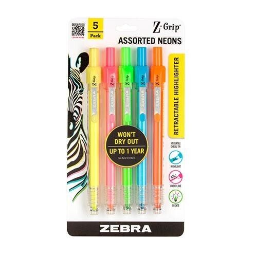 Zebra Z-Grip RT Retractable Highlighter Assorted Neon Colors 5/Pk School Office - Picture 1 of 1