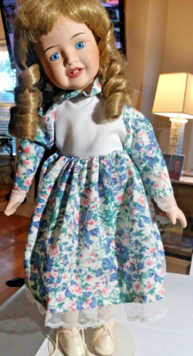 Porcelain 17" Doll With Blond GOLDILOCKS Curls Wearing FLOWERED Lace Dress  DT1 - Picture 1 of 8