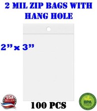 100 - 2" x 3" Zip Seal Reclosable 2Mil Plastic Top Lock Bags Hang Hole Jewelry