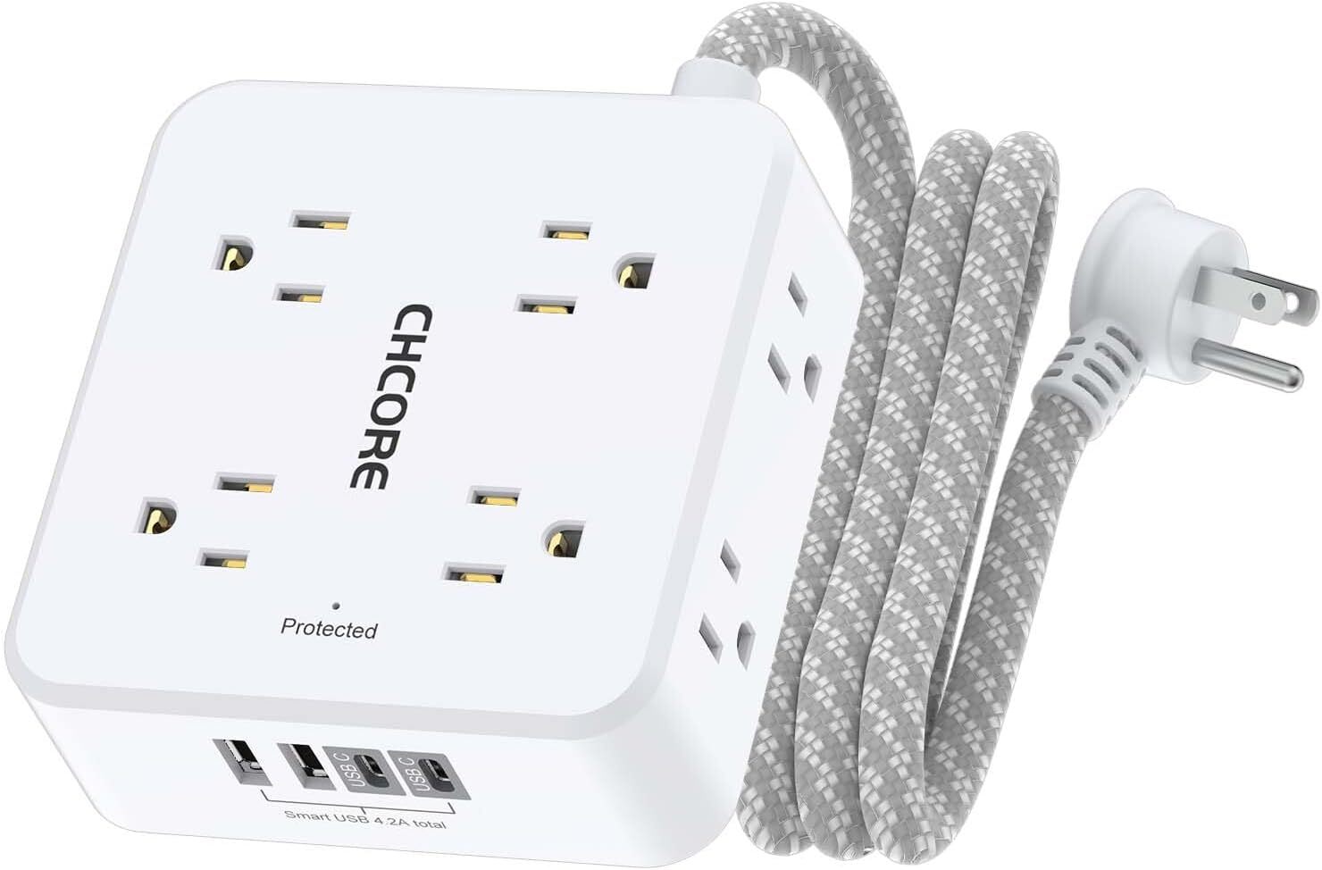 Surge Protector Power Strip - CHCORE 5 Ft Braided Extension Cord with 8 White-image