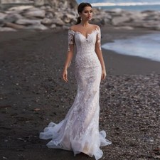 Sexy Mermaid Wedding Dress Off Shoulder Sulfur Sleeves Lace Applique Bridal Gown