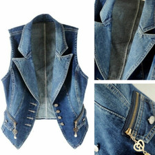 Women Denim Waistcoat Gilet Vest Jeans Fade Fitted Lapel Sleeveless Jacket Tops