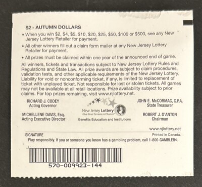 Bent Collectible Losing NJ Autumn Dollars Scratch Off Lottery