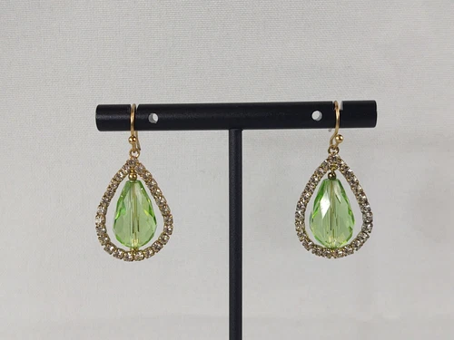 Vtg Pierced Dangle Earrings Womens Costume Jewelry Gold Tone Green Bead Crystals