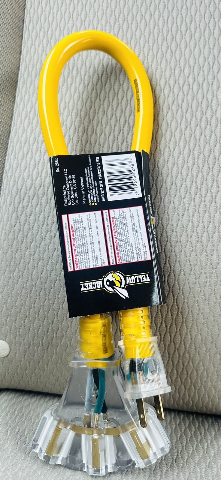 Yellow Jacket Extension Cord 3 outlet 15Amp Lighted End 2' 12/3 Heavy
