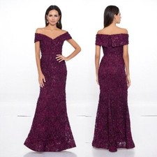 🌻NEW w.tag XSCAPE Jill Wine Color Off The Shoulder Long Lace Dress Size 4 $319