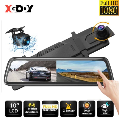 XGODY 10'' Dash Cam 1080P FHD Car DVR Dual Lens Front Rear Video Recorder Camera