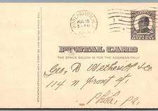 Postal Card BURLINGTON N.J. 8/15/1908 McKinley1¢ Geo. W. Brenn VTG Std.PC-pB406