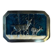 Vintage 1976 Great American Buckle Co Deer Winter Scene Belt Buckle 520