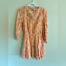 LOFT Peach Floral Tiered Long Sleeve Dress