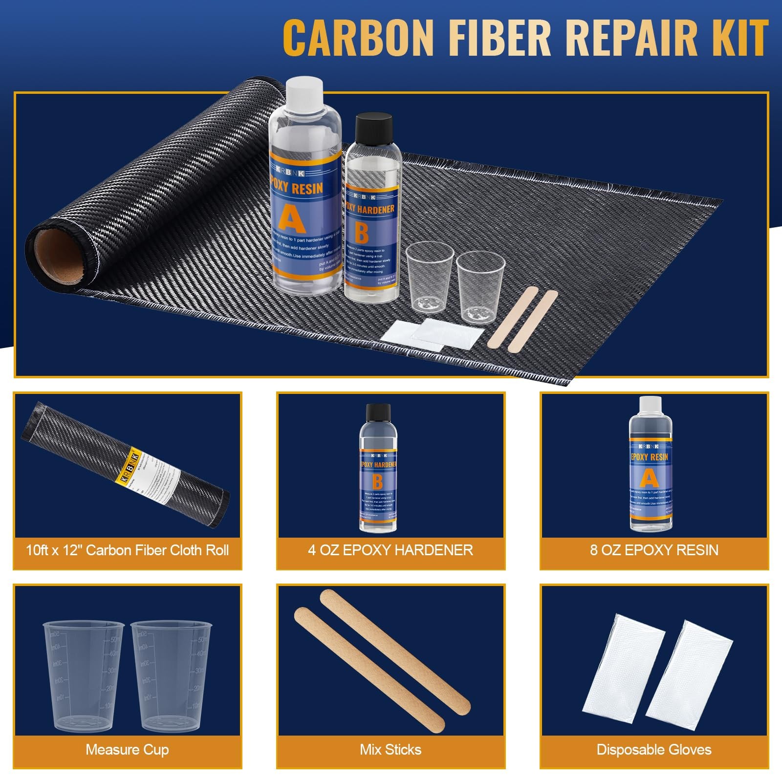 Krbnk 10FT Carbon Fiber Repair Kit, 12" Carbon Fabric Fiber Cloth Roll, 8OZ E...