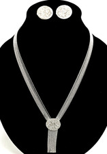 SET OF MATCHING SILVER TONE CRYSTAL DISC MULTI CHAIN Y NECKLACE,STUD EARRINGS