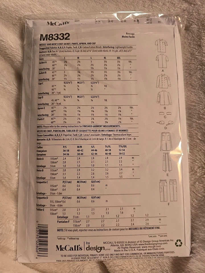 8332 McCALLS - Chef JACKET PANTS APRON & CAP - UNISEX Adult Sz: S/M/L/XL/XXL NEW - Image 2 of 2